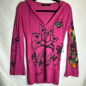 💖Eternal Love by Ed Hardy pink long sleeve hooded knit sweater Sz Small